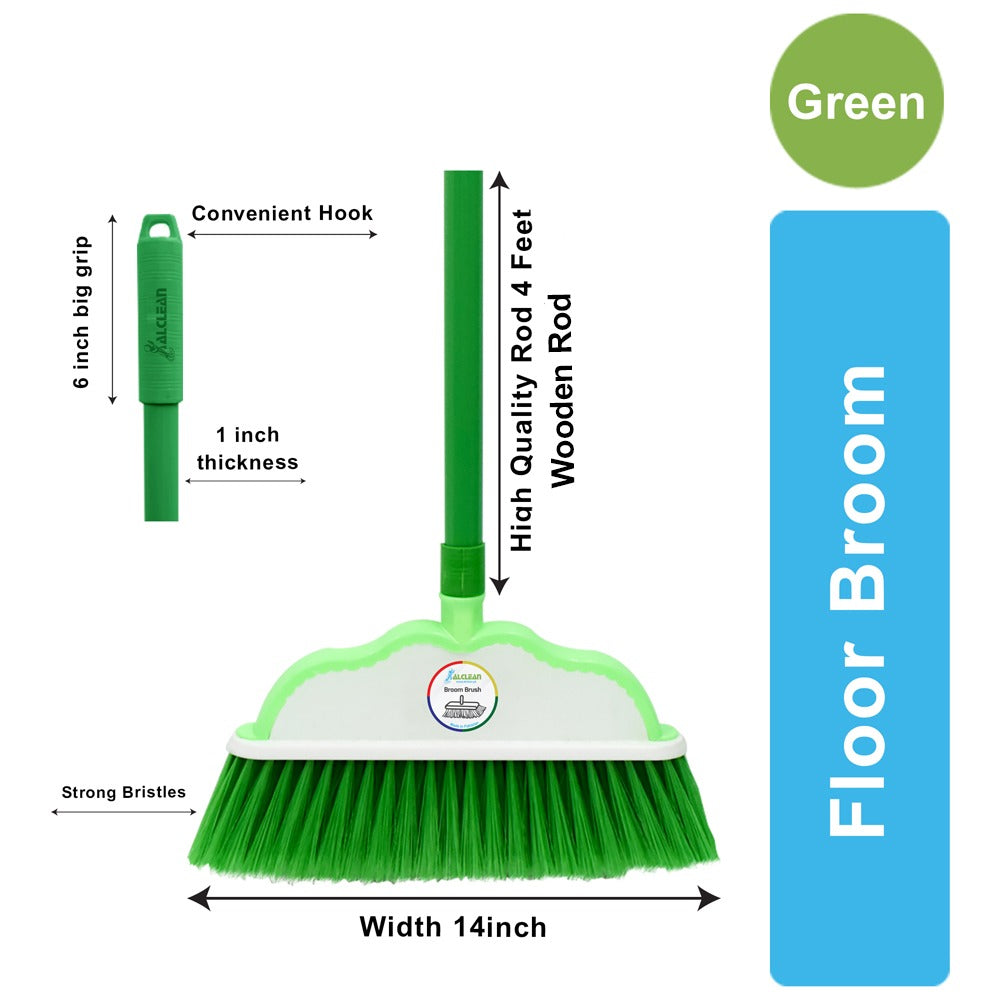 Broom Set (Green) Wooden Rod