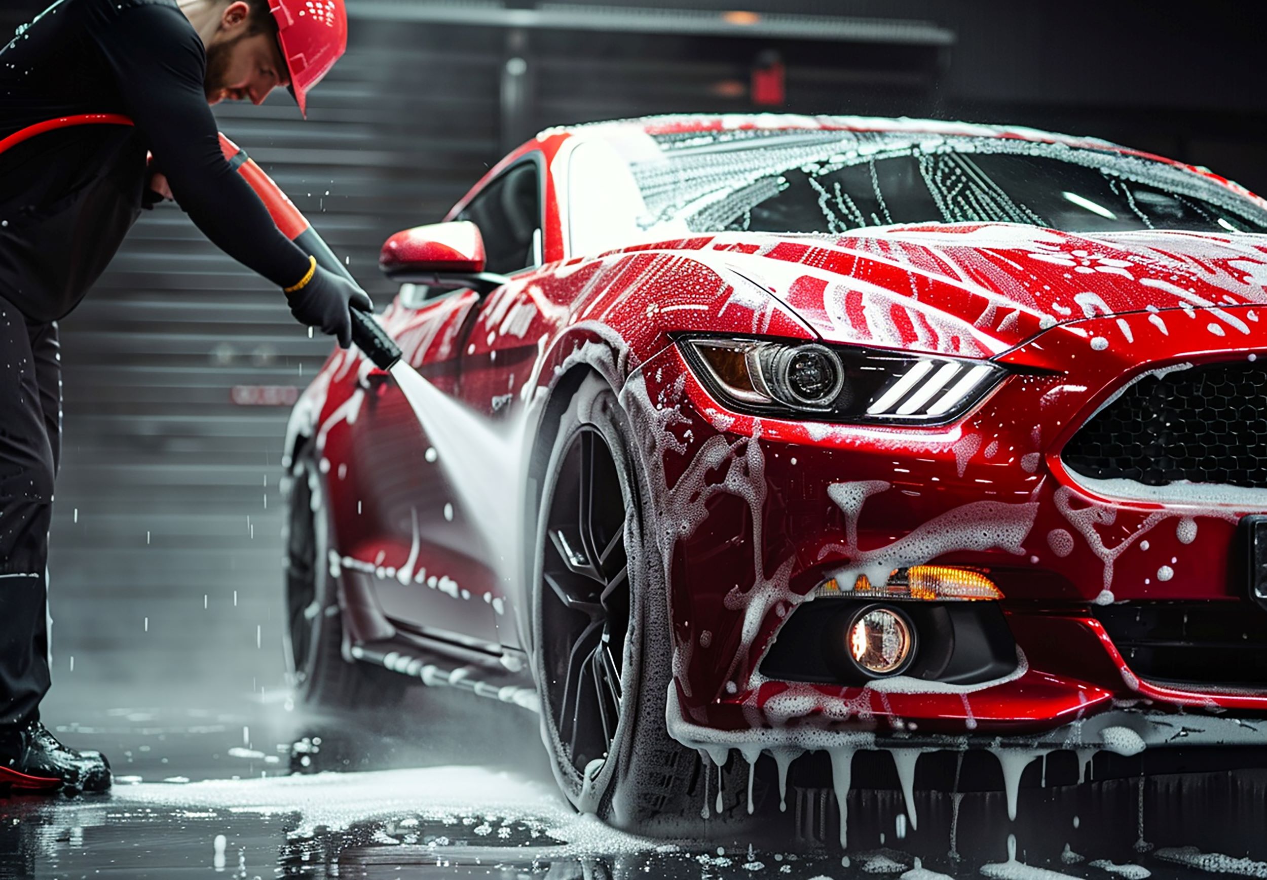 Man washing car in garage